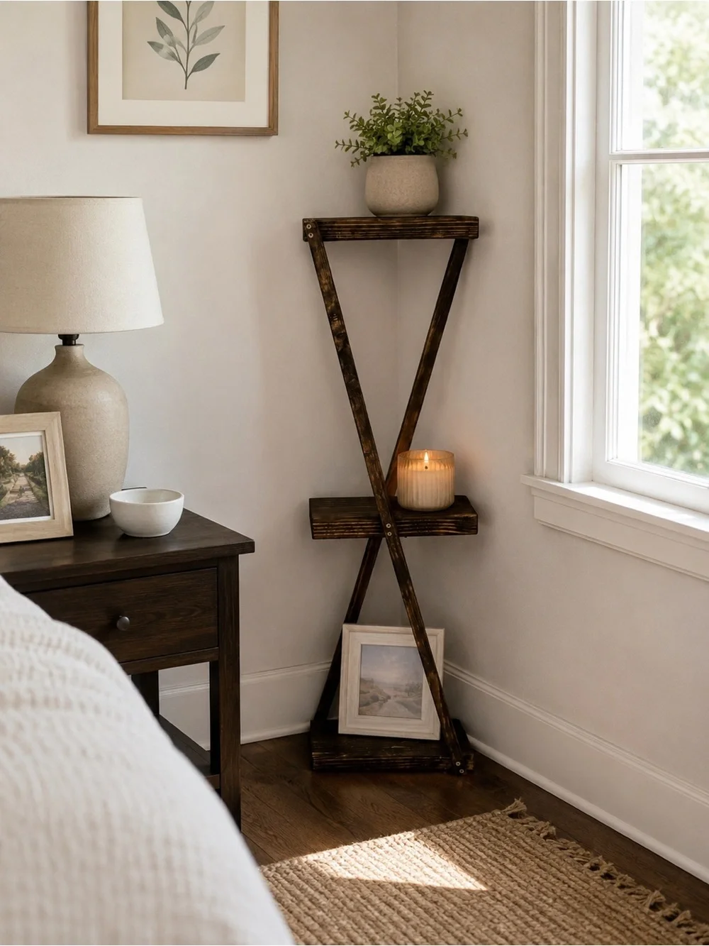 Rustic X-Frame Corner Shelf - Dark Brown